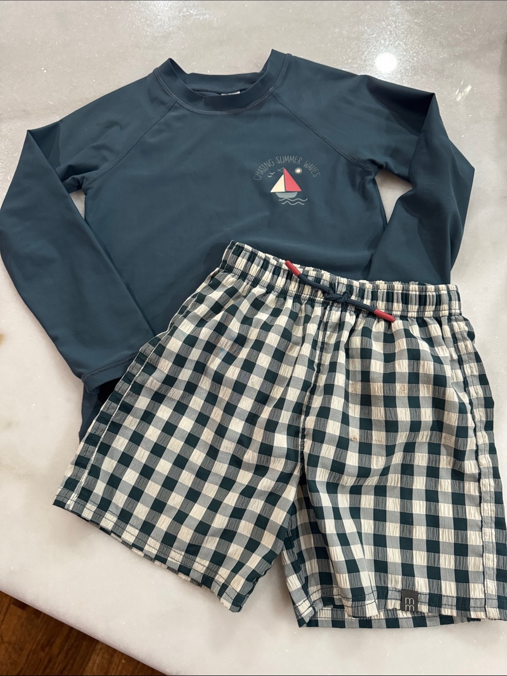 Navy Kids Sailboat Rash Guard and Gingham Swim Trunks Set